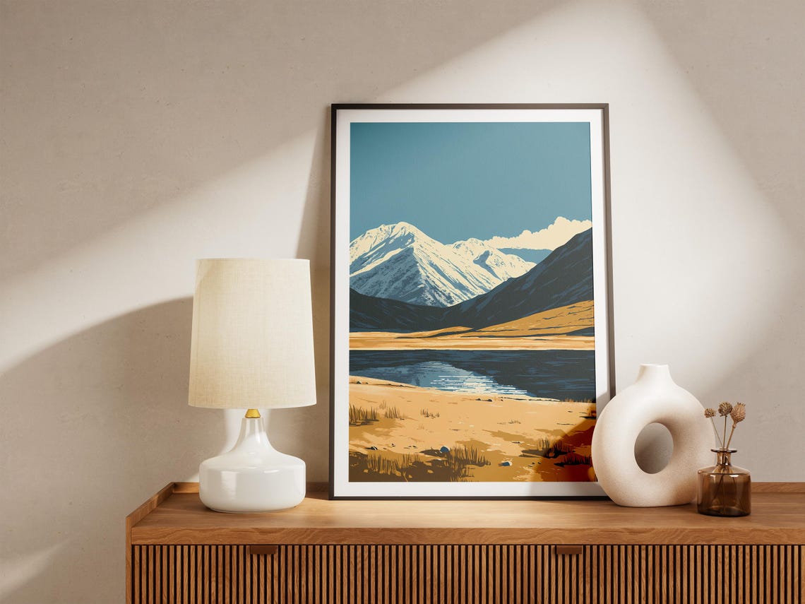Mongolia Lake Snowy Mountain Peaks Golden Steppe Landscape Poster - Image 5