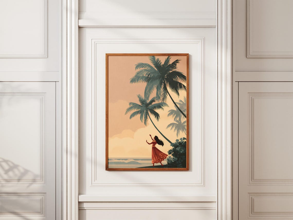 Hawaii Hula Dancer Under Palm Trees Tropical Beach Sunset Poster - Image 2