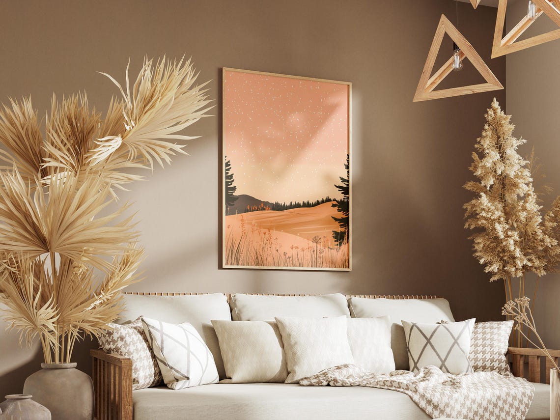 Golden Meadow Peach Starry Sky Wildflower Field Dusk Light Poster - Image 3