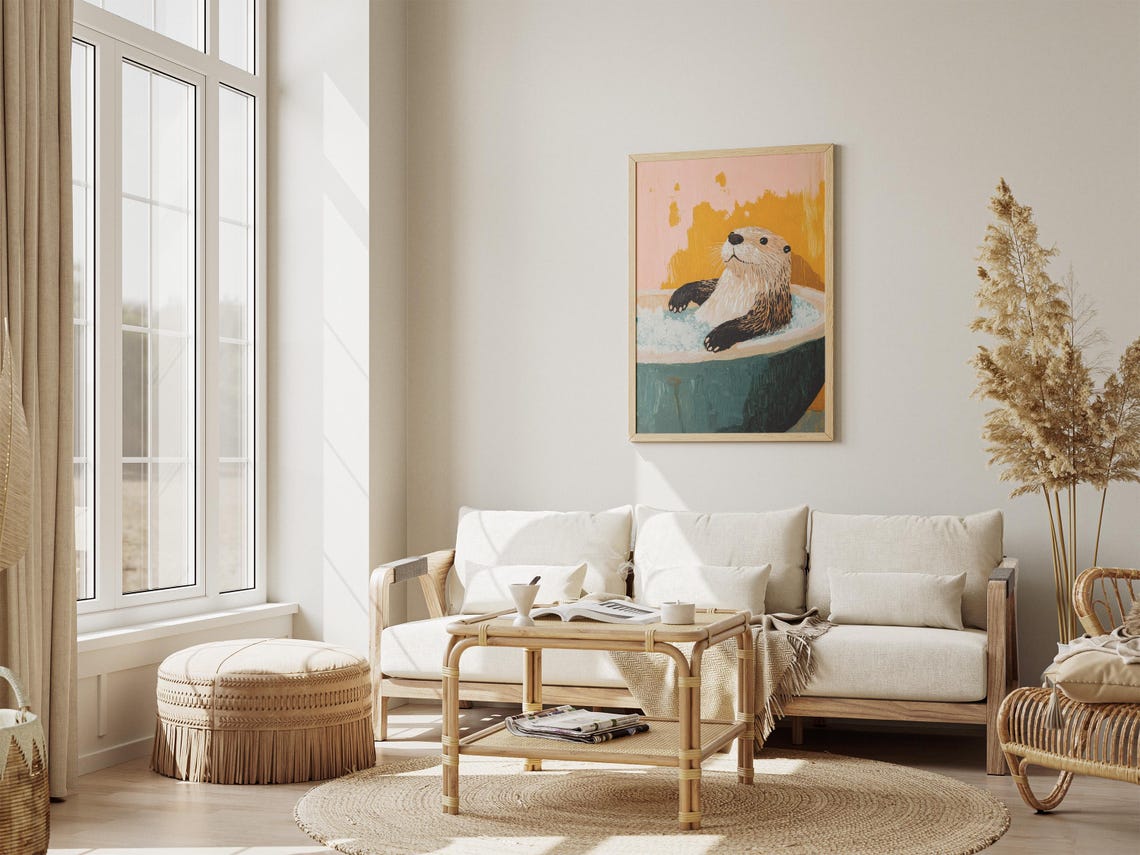 Sea Otter Relaxing in Bubble Bath Mustard Yellow Bathroom Poster - Image 4