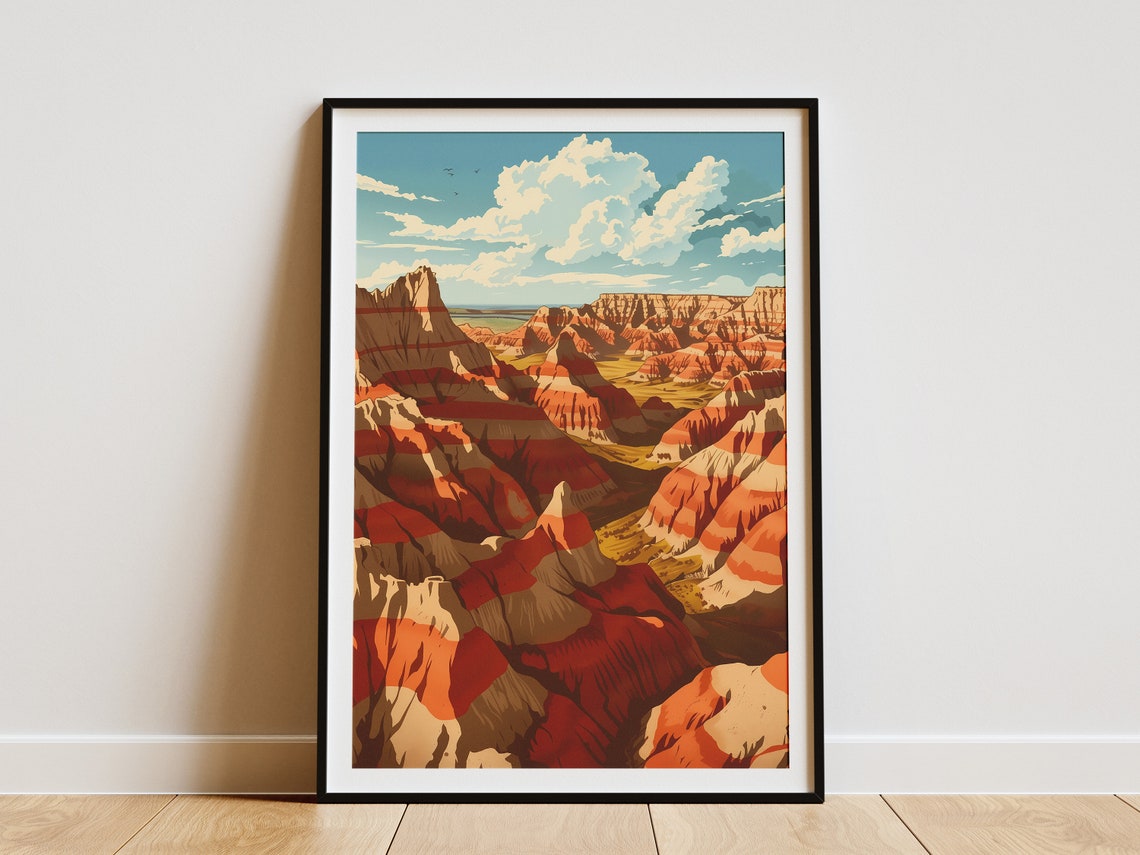 Badlands National Park Vintage Travel Poster Red Rock Spires Landscape