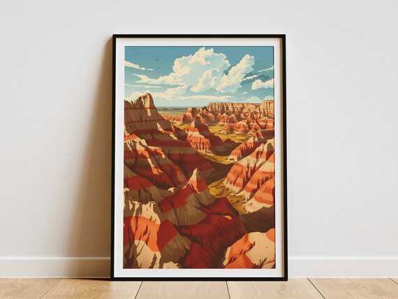 Badlands National Park Vintage Travel Poster Red Rock Spires Landscape
