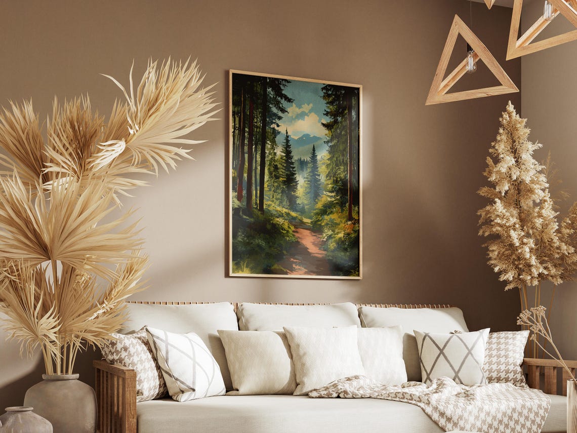 Sunlit Pine Forest Trail With Distant Mountain Peaks Scenic Poster - Image 3
