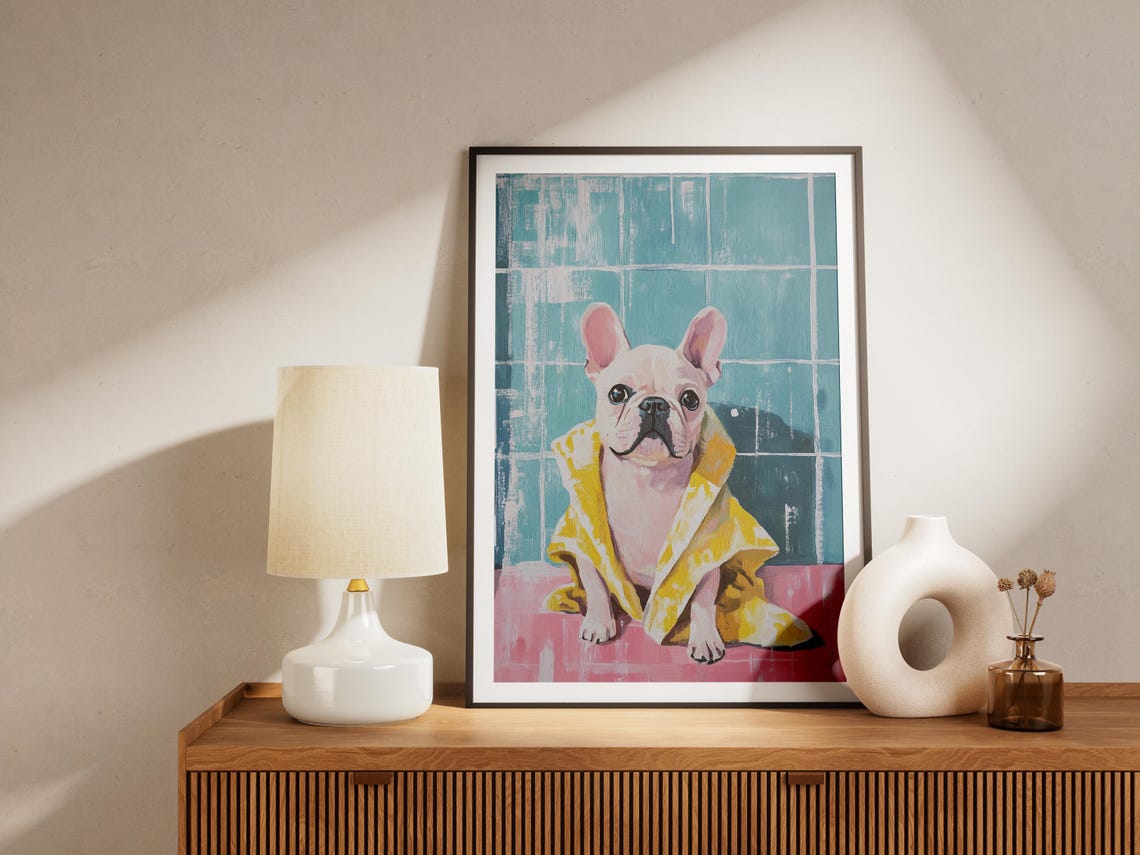 French Bulldog Puppy in Yellow Bathrobe Teal Tile Bath Poster - Image 4