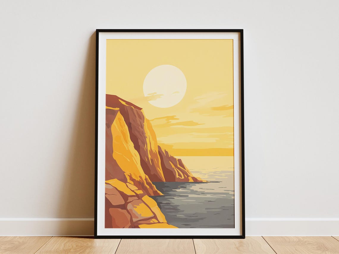 Sunlit Minimalist Golden Cliffs Beneath a Giant White Sun Poster