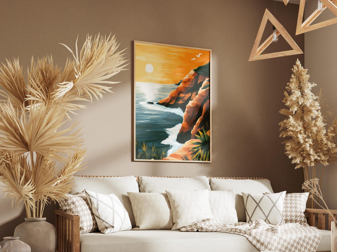 Golden Sunset Over Rocky Coastal Cliffs Ocean Landscape Poster - Image 3