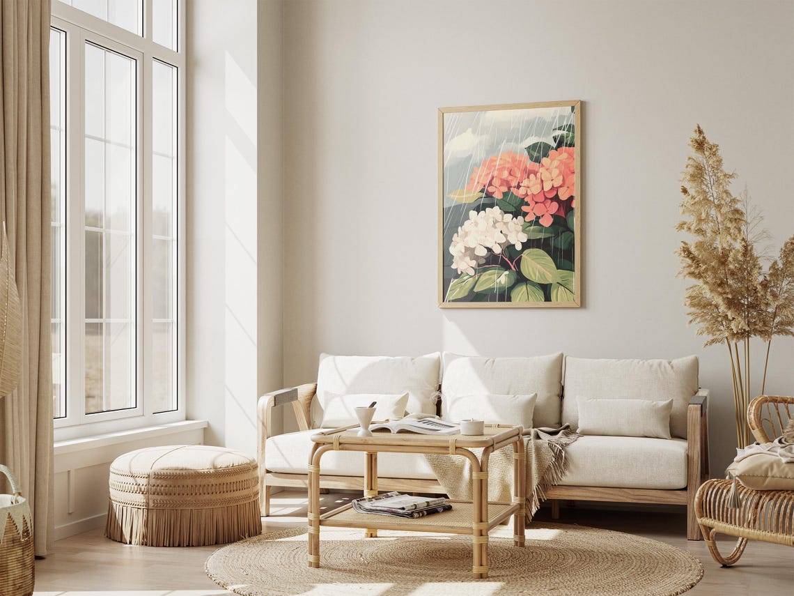 White and Peach Hydrangea Blooms in Slanting Rain Art Poster - Image 4