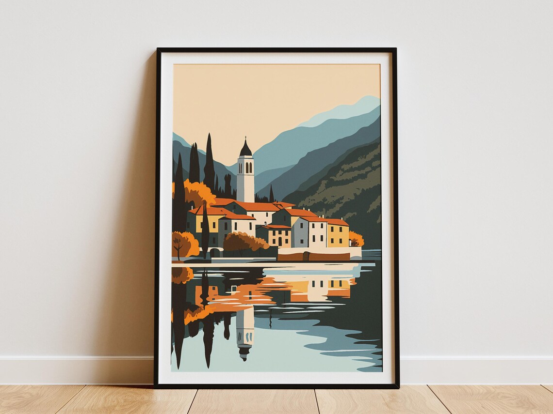 Italian Lake District Poster Italian Village Print Lake Como Art Italy Travel Poster European Landscape Illustration Modern Home Decor Flat