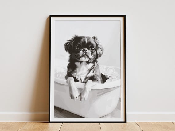 Black And White Dog In Bathtub Poster Art Print Cute Puppy Wall Decor Modern Pet Portrait Bathroom Lover Gift Animal