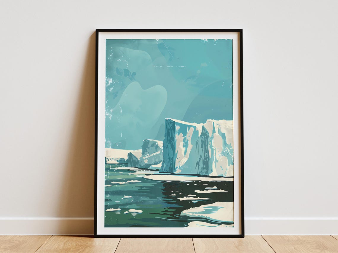 Glacier Ice Cliffs Teal Polar Seascape Vintage Arctic Art Poster
