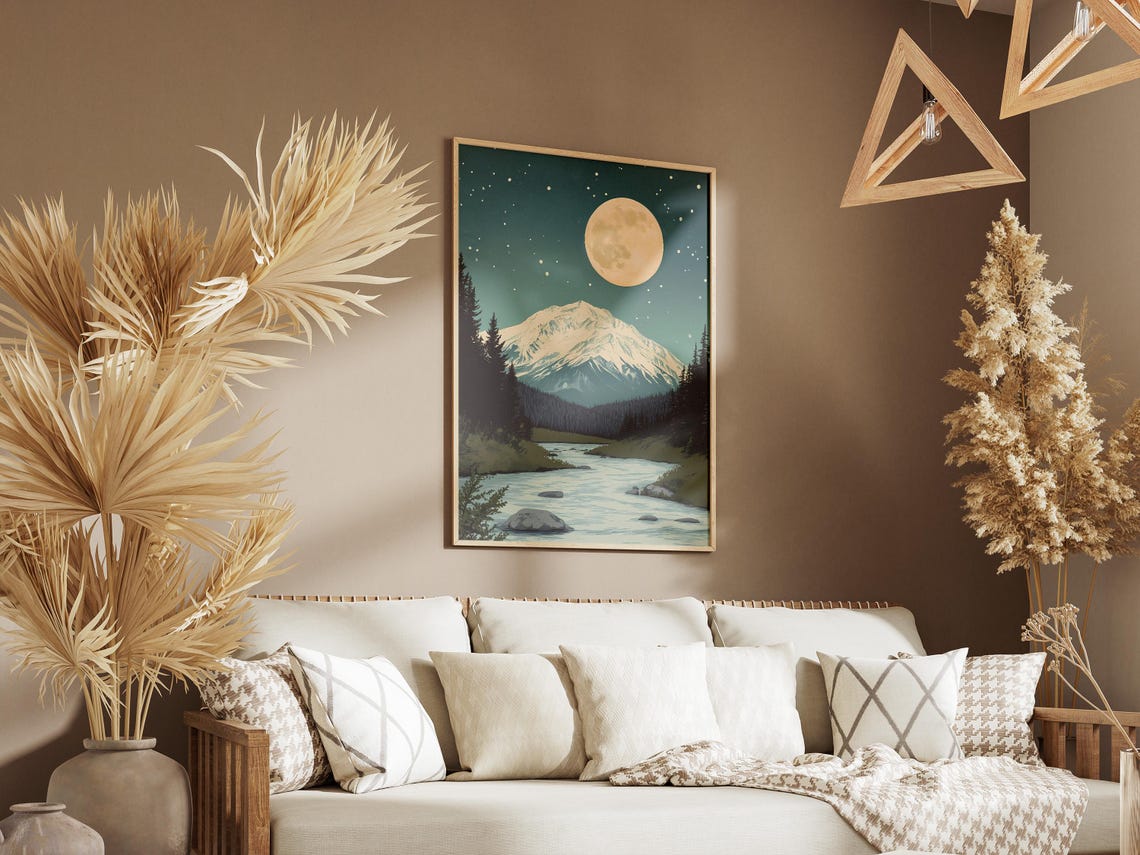 Katmai National Park Snowy Peak Under Full Moon Over River Poster - Image 3