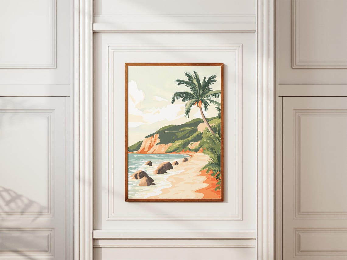 Tranquil Tropical Beach With Palm Tree And Rocky Shoreline Poster - Image 2