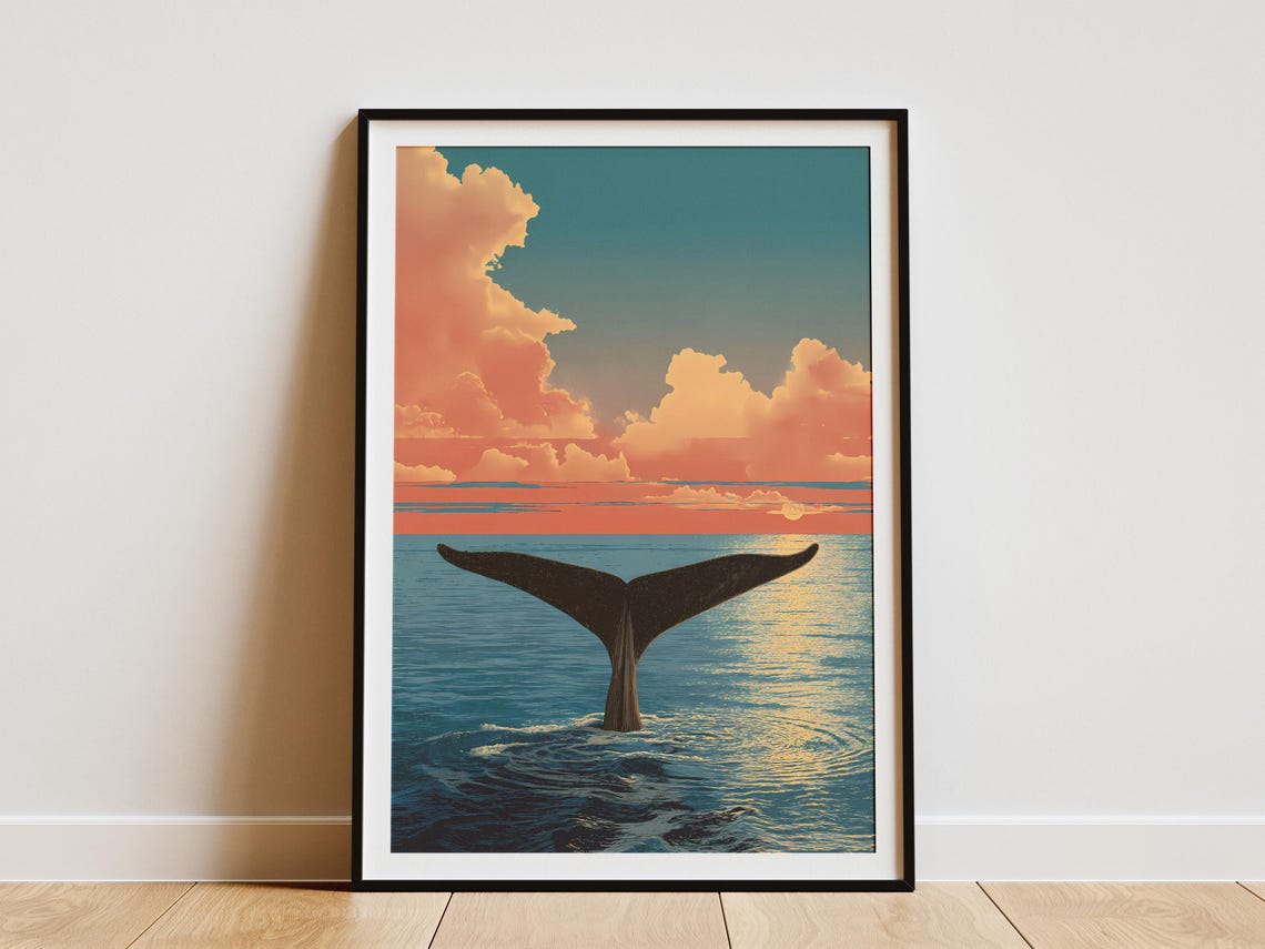 Whale Tail Sunset Dive Calm Ocean Golden Sky Marine Art Poster