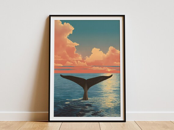 Whale Tail Poster Hawaiian Art Print Ocean Sunset Wall Coastal Decor Vacation Home Travel Tropical Island