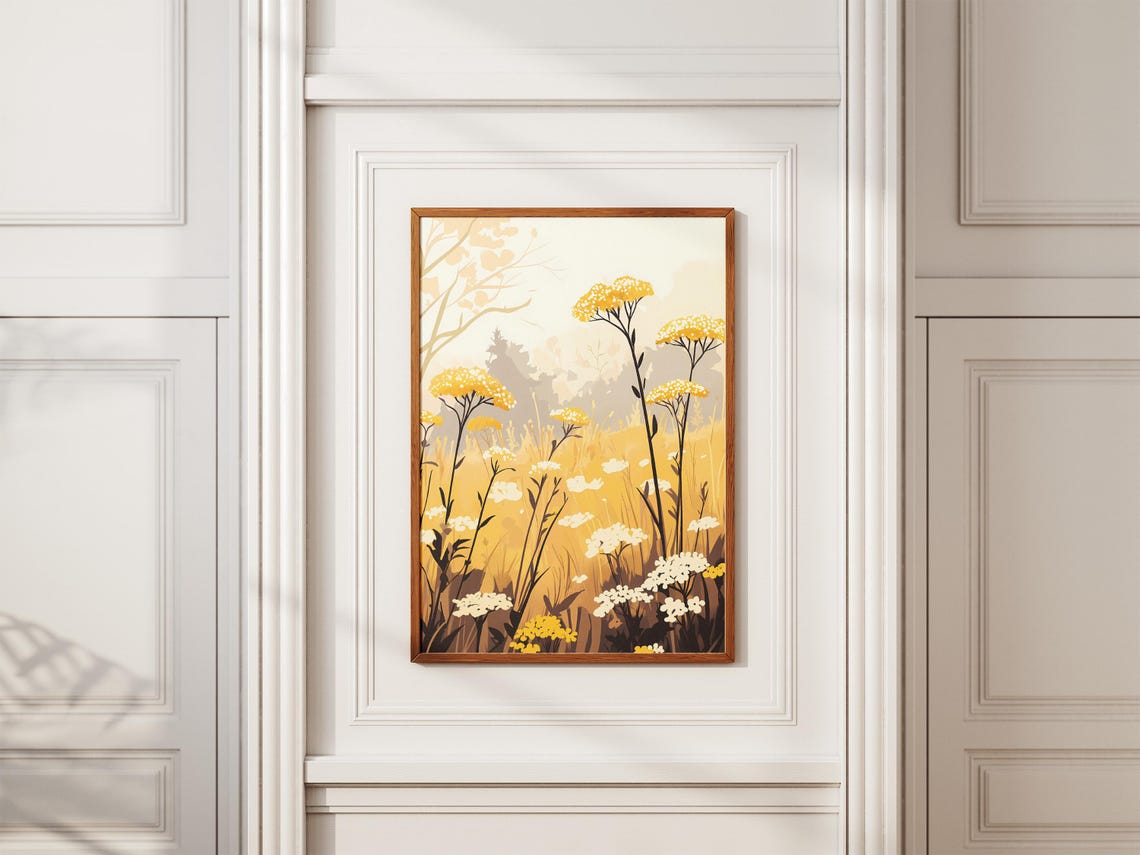 Misty Yellow Yarrow Golden Field Hazy Summer Meadow Art Poster - Image 2