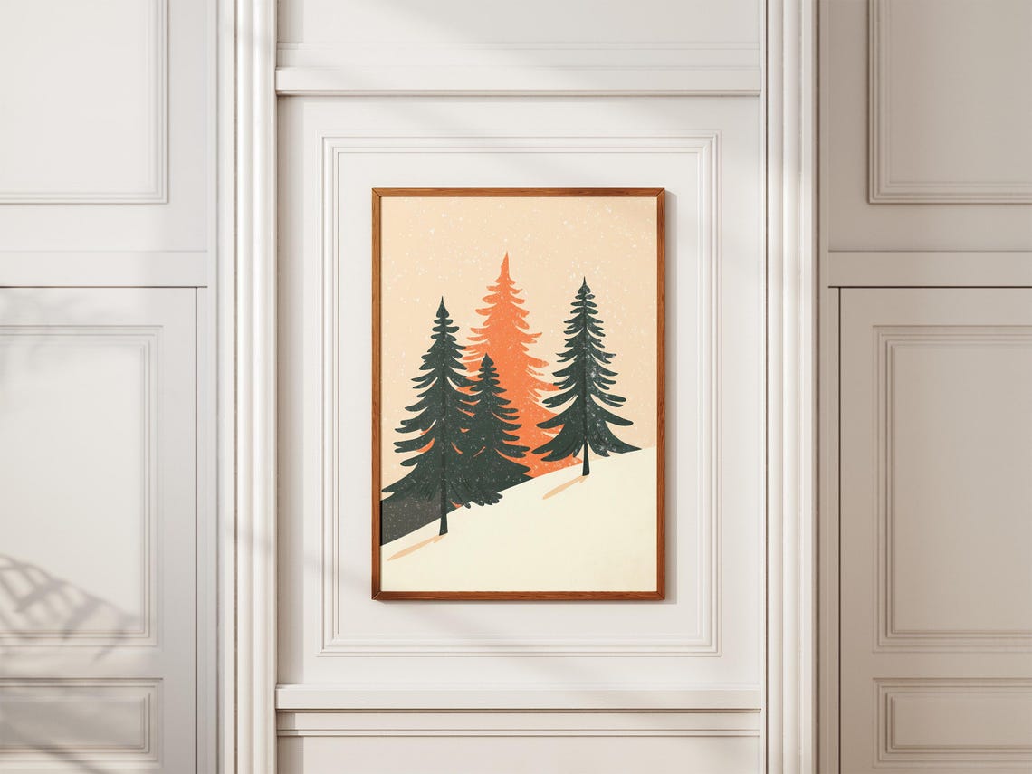 Minimalist Green and Orange Pine Trees on Snow Holiday Poster - Image 2