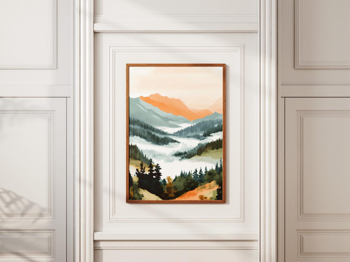 Misty Mountain Valley Fog Orange Peaks Serene Landscape Poster - Image 2