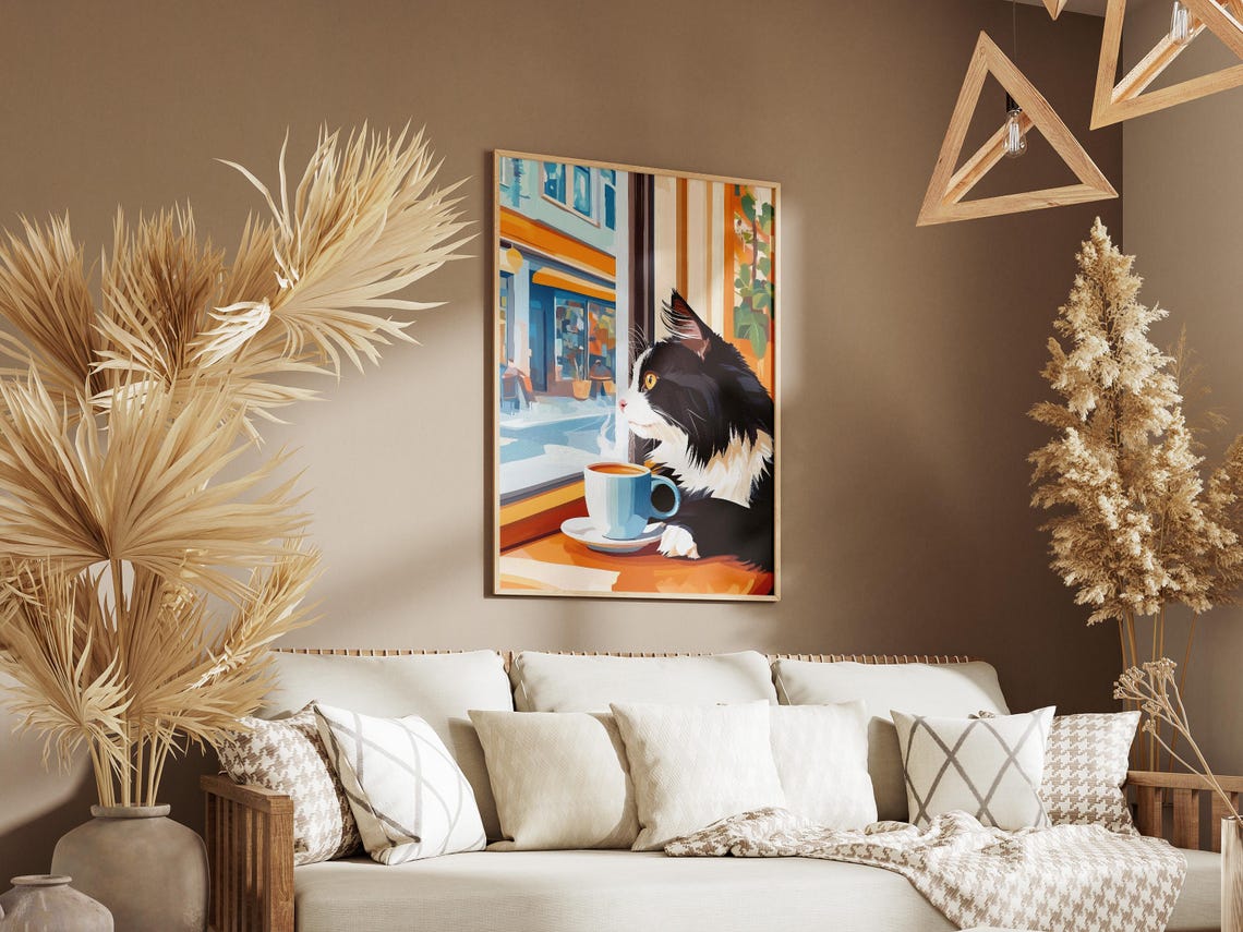 Fluffy Tuxedo Cat With Steaming Coffee By The Cafe Window Poster - Image 3