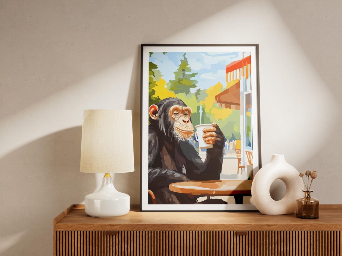 Chimpanzee Holding a Coffee Mug at Sunny Cafe Terrace Poster - Image 4