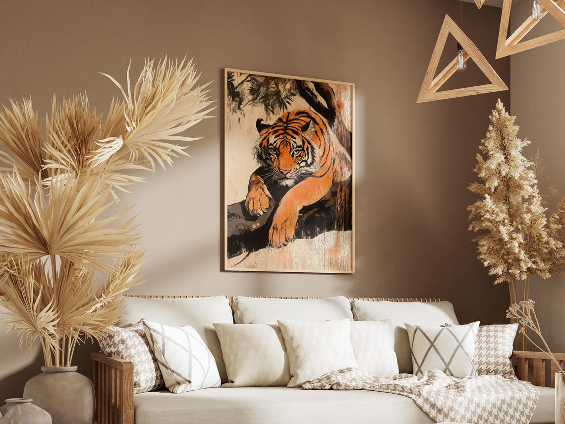 Tiger Resting On A Tree Branch In Warm Ink Wash Style Poster - Image 3