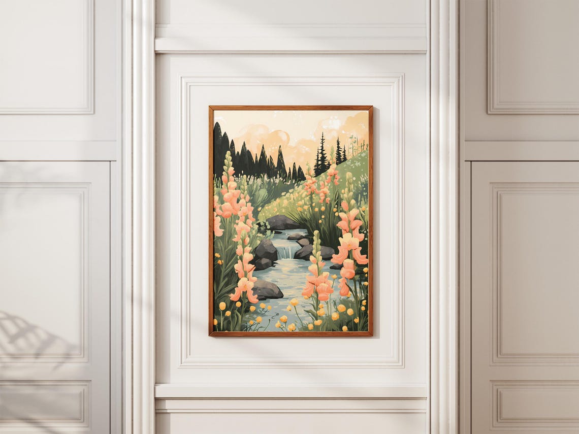 Peach Snapdragons Along a Rocky Stream Waterfall Nature Art Poster - Image 2