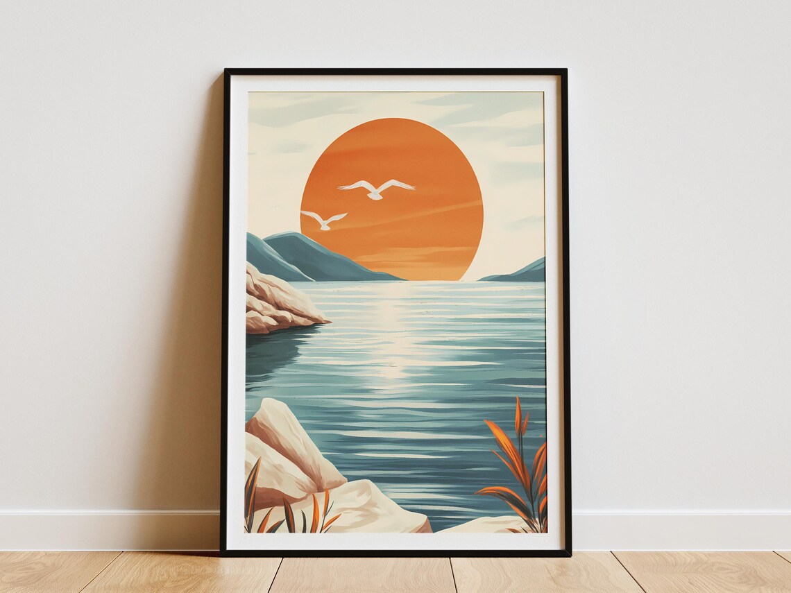 Seto Inland Sea Sunset Big Orange Sun Over Calm Water Scene Poster
