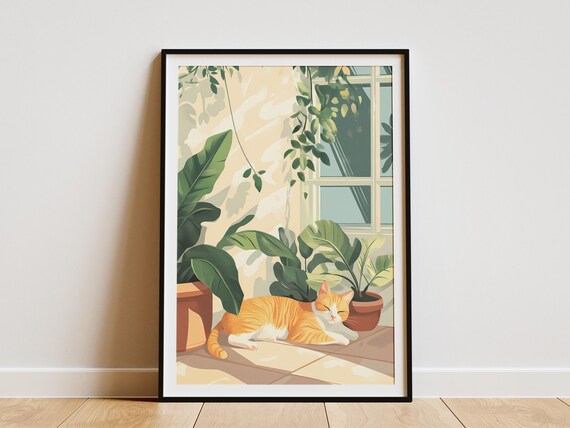 Orange Tabby Cat Sunbathing Among Terrace Houseplants Poster