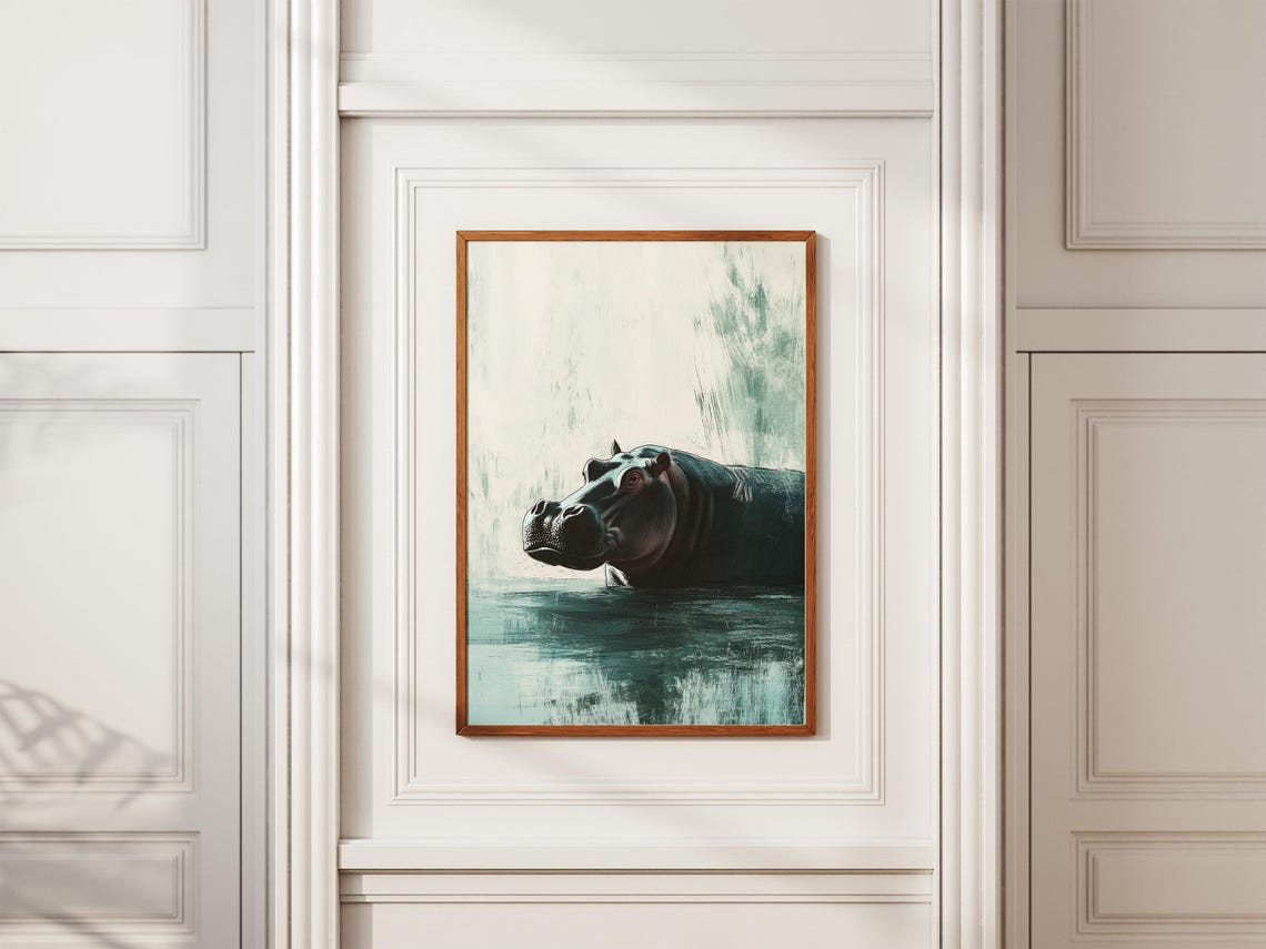 Hippopotamus River Art Print Hippo Wall Animal Poster Modern Minimalist Paper Gift Home Decor - Image 2