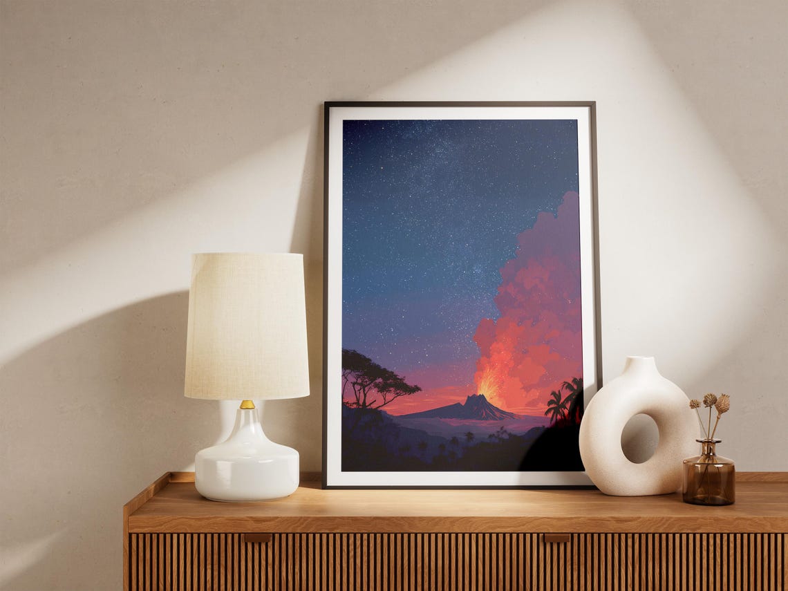 Dramatic Erupting Volcano Starry Night Sky Tropical Landscape Poster - Image 4