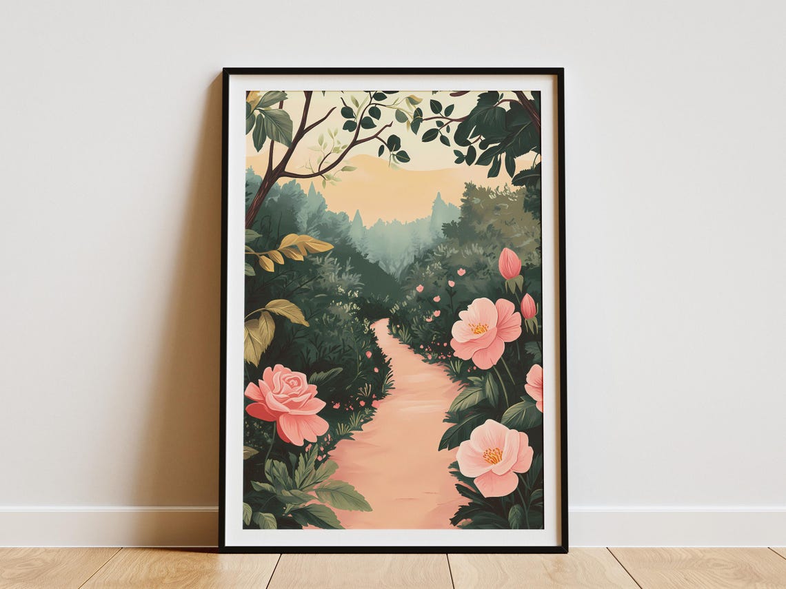 Pink Roses Blooming Along a Winding Secret Garden Path Poster