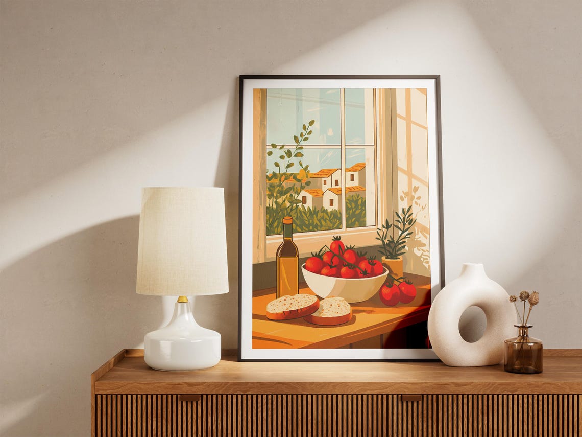 Mediterranean Window Tomatoes Bread Olive Oil Village View Poster - Image 5