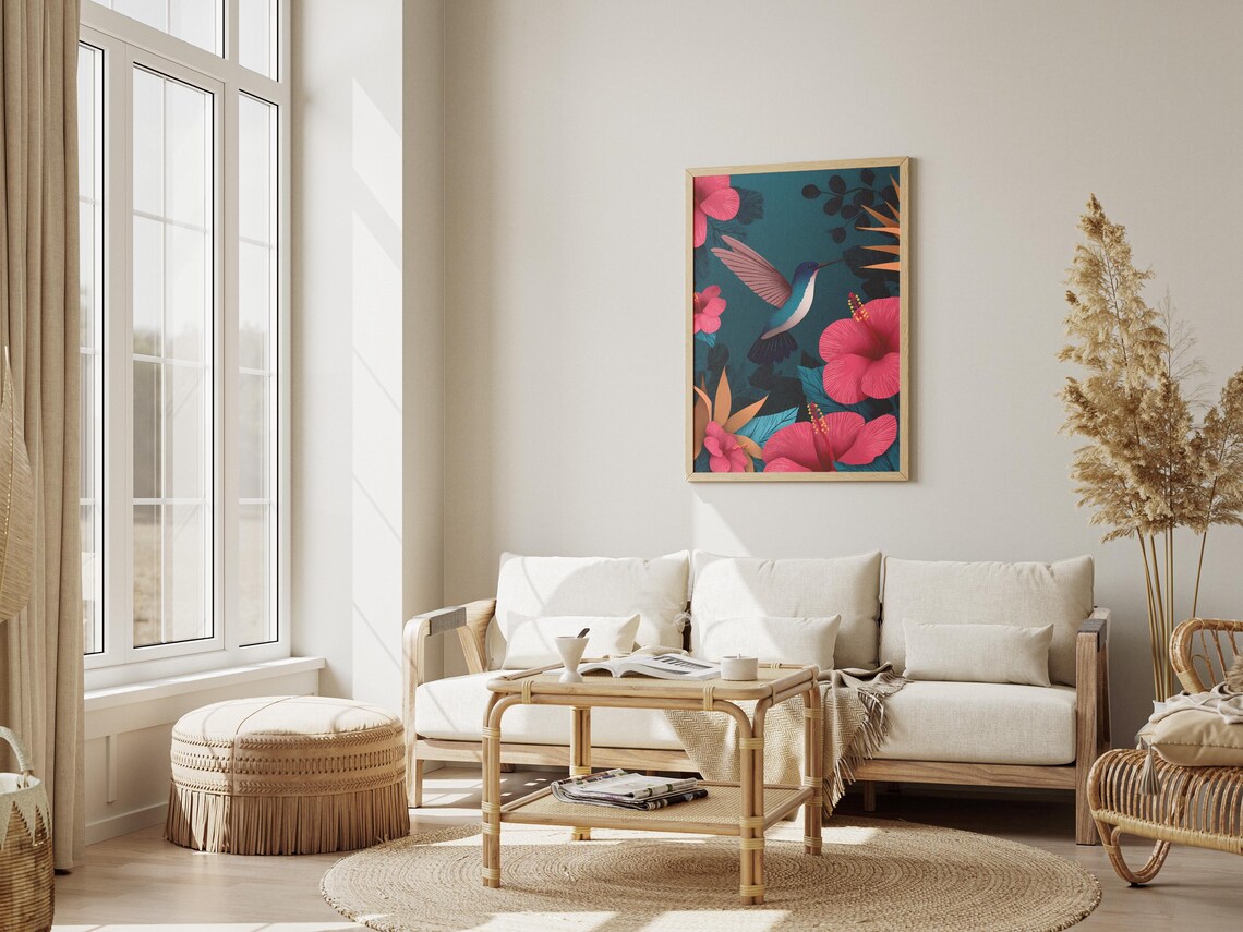 Hummingbird Among Pink Hibiscus Flowers Tropical Botanical Poster - Image 3