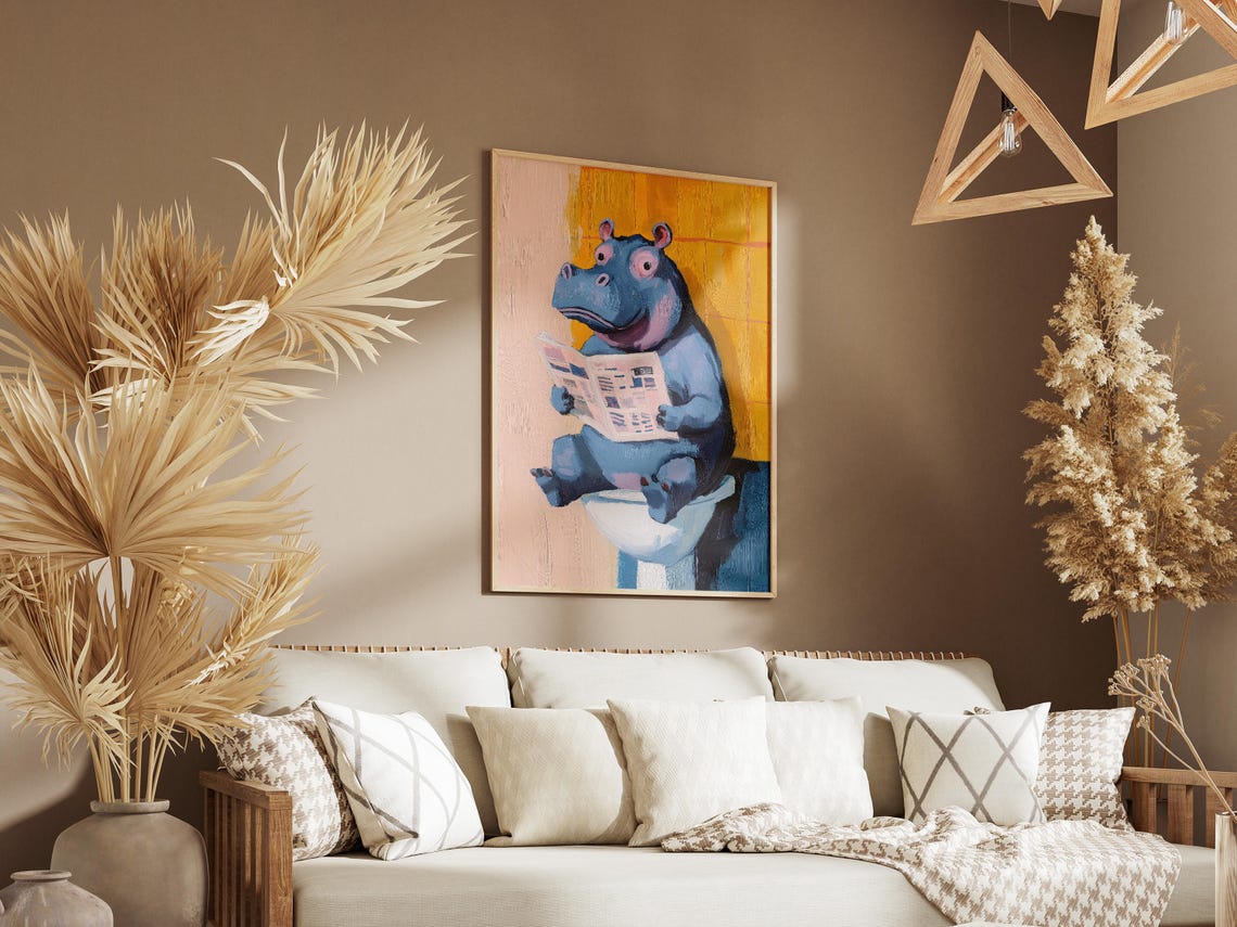 Funny Blue Hippo Reading Newspaper On The Toilet Bathroom Poster - Image 3