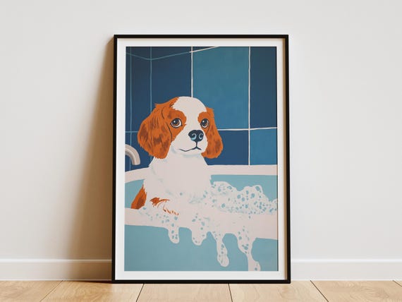 Cavalier King Charles Spaniel Puppy Dog In Foam Bath Wall Art Print Bathtub Poster Cute Kids Bathroom Decor