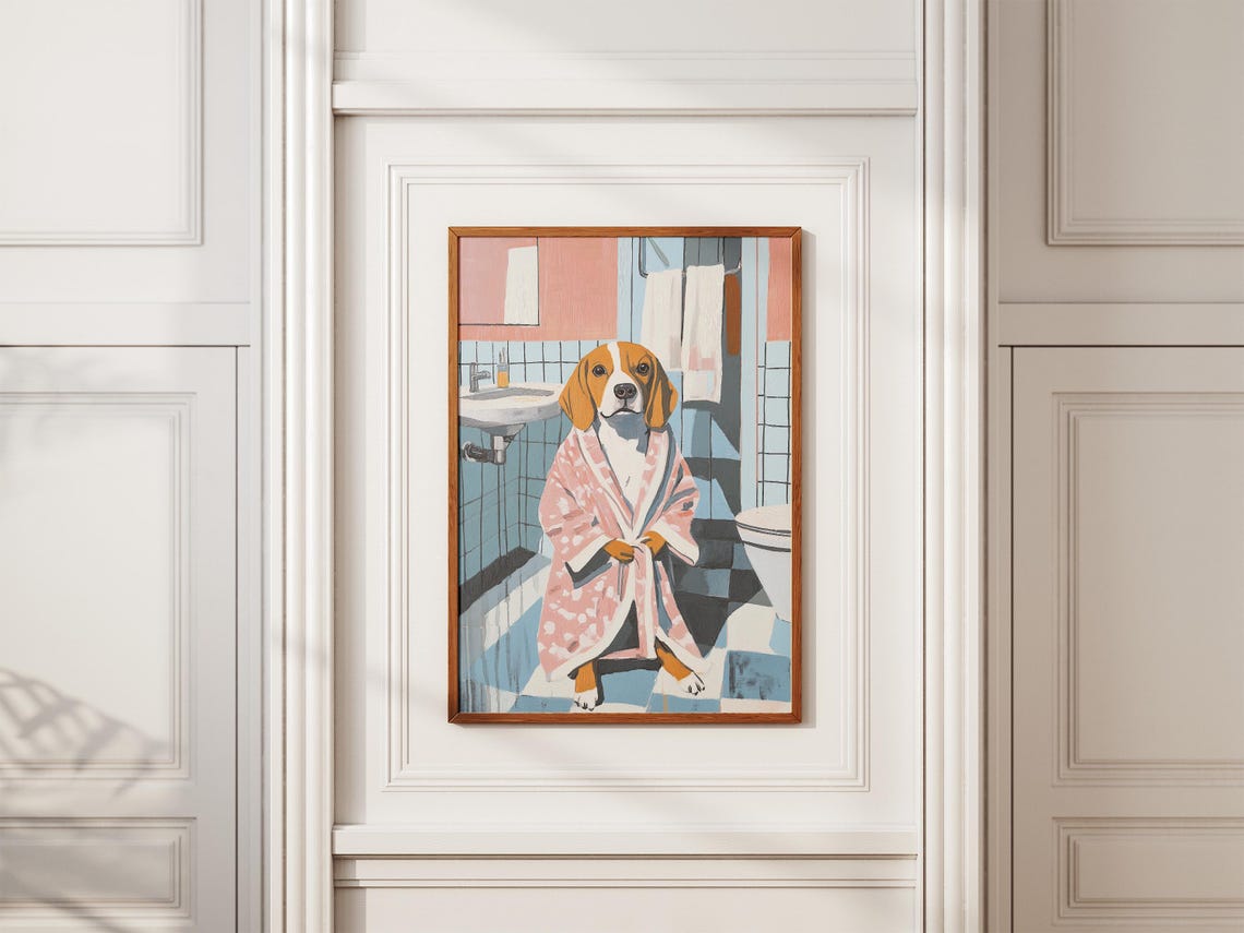 Beagle Dog Standing in a Pink Floral Bathrobe Bathroom Poster - Image 2