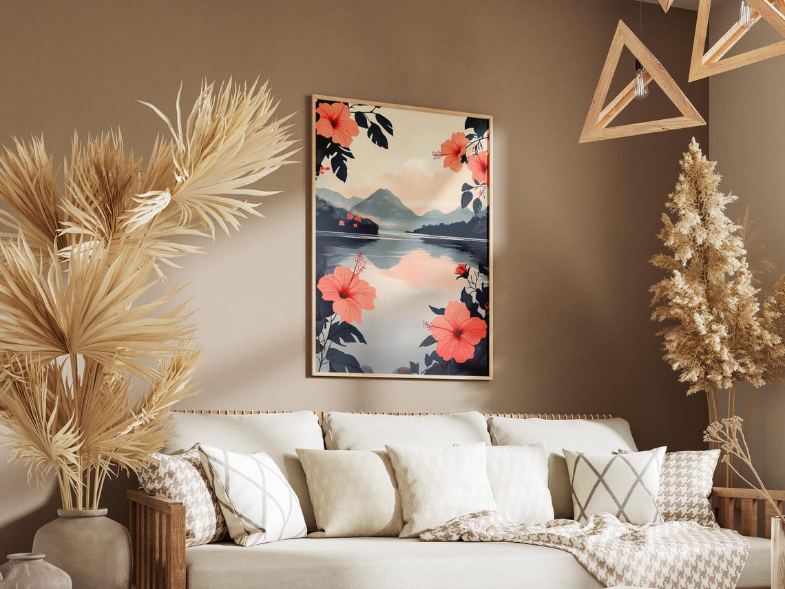 Blush Hibiscus Sunset Lake Misty Mountain Romantic Art Poster - Image 3