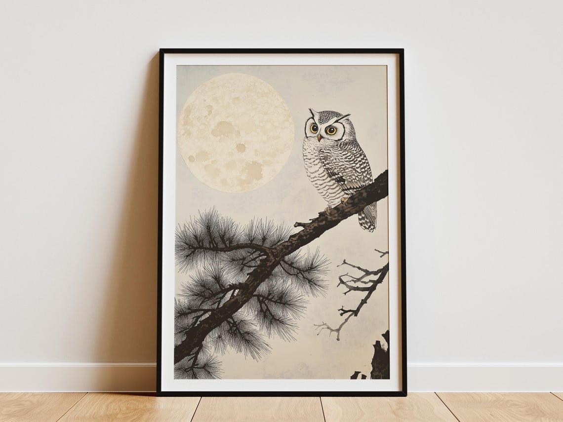 Owl Perched on Pine Branch Beneath Full Moon Japanese Art Poster