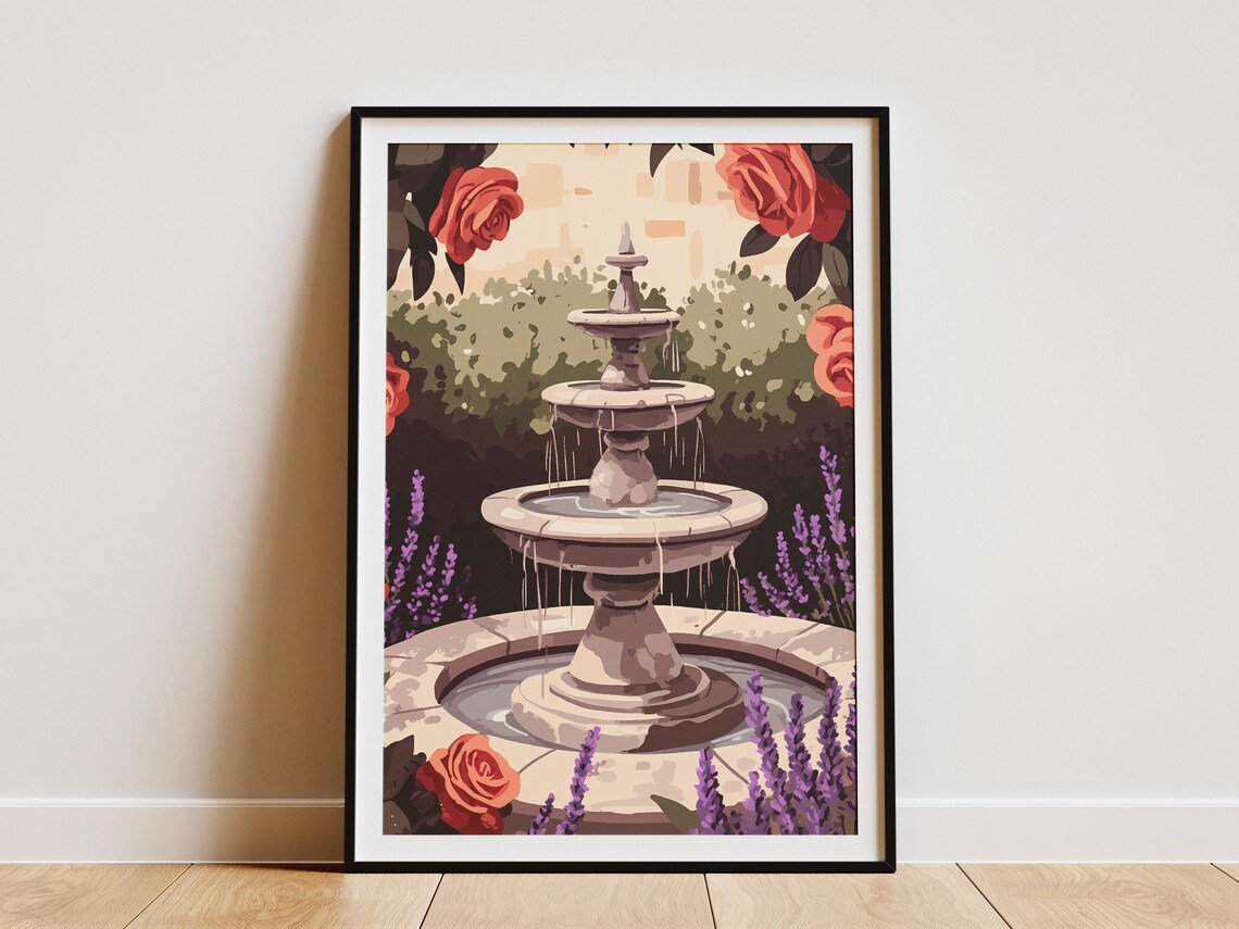 Stone Garden Fountain With Roses and Lavender Poster in Bloom