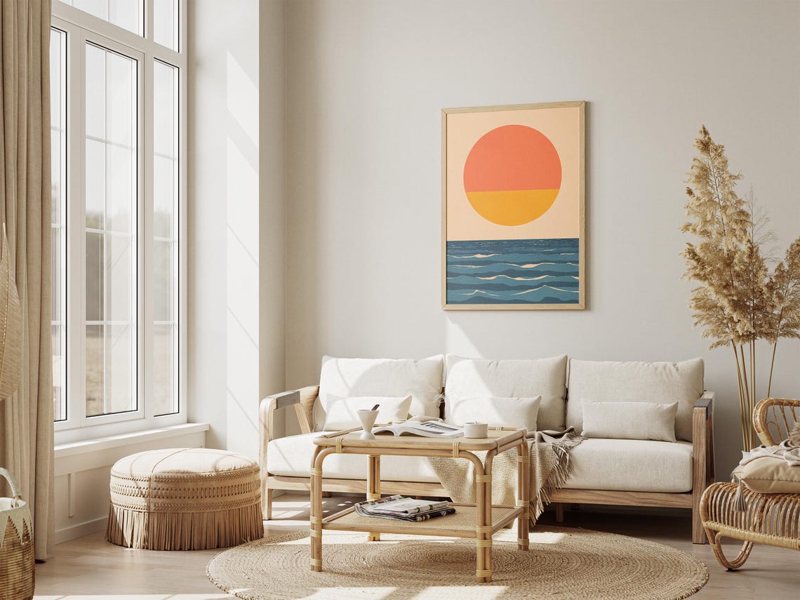 Two-Tone Sun over Layered Ocean Waves Mid-Century Modern Poster - Image 4