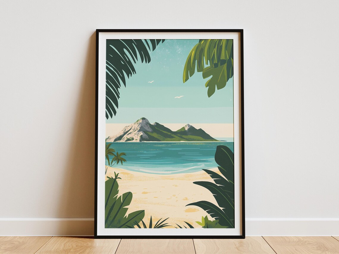 Tropical Island Across A Turquoise Bay Vintage Travel Poster