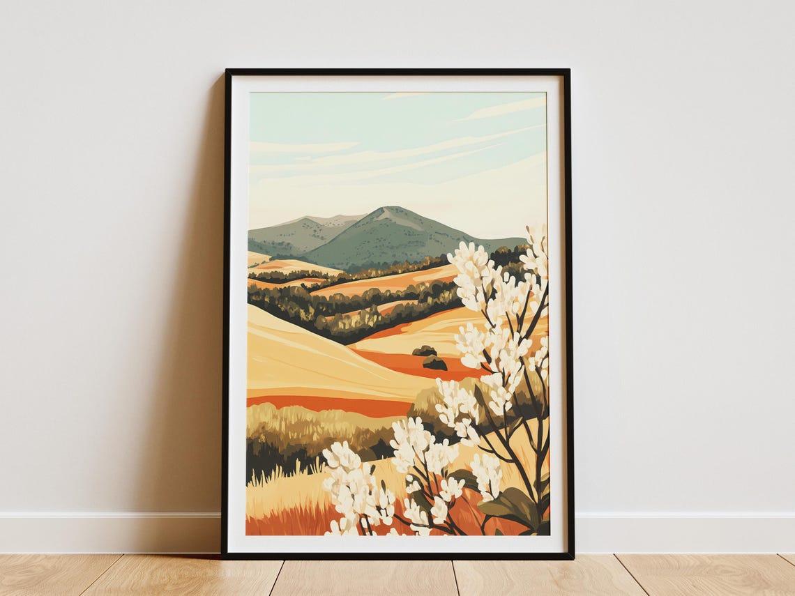 Golden Grain Hills With White Blossom Branches Pastoral Poster