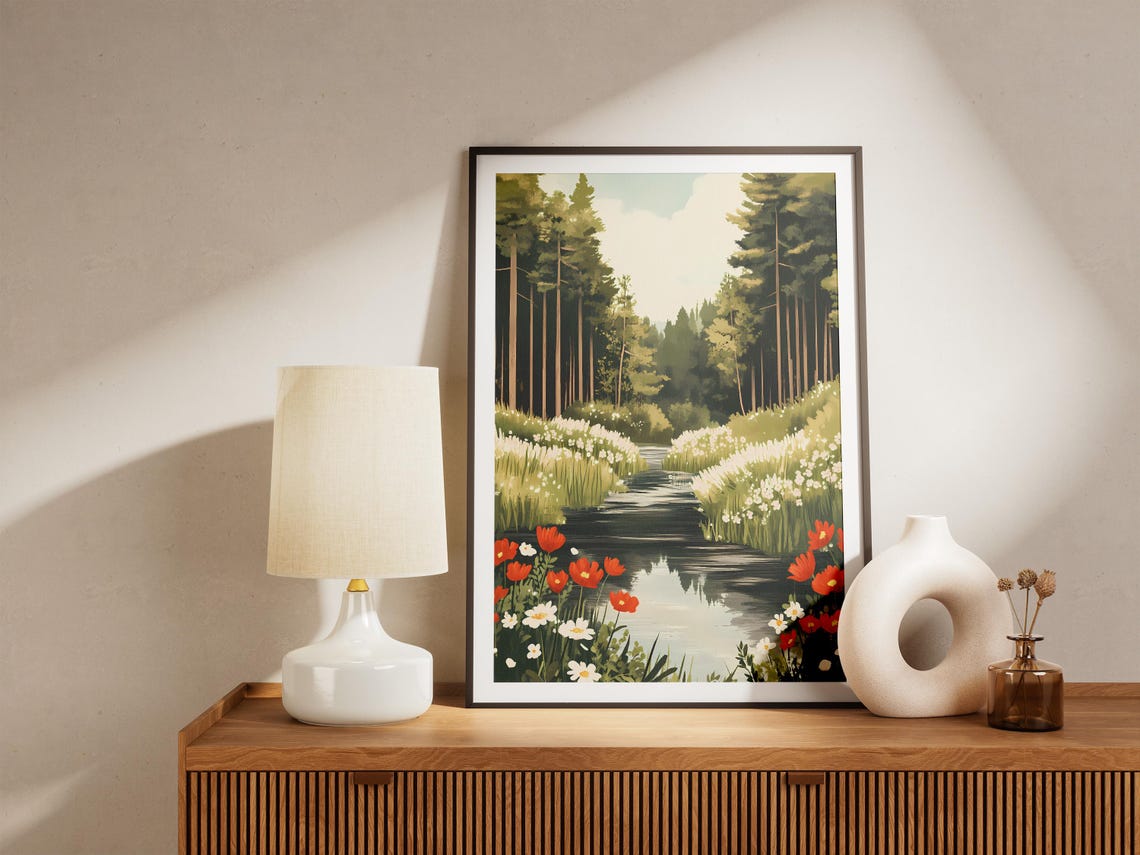Forest River With Red Poppies And White Wildflower Banks Poster - Image 5
