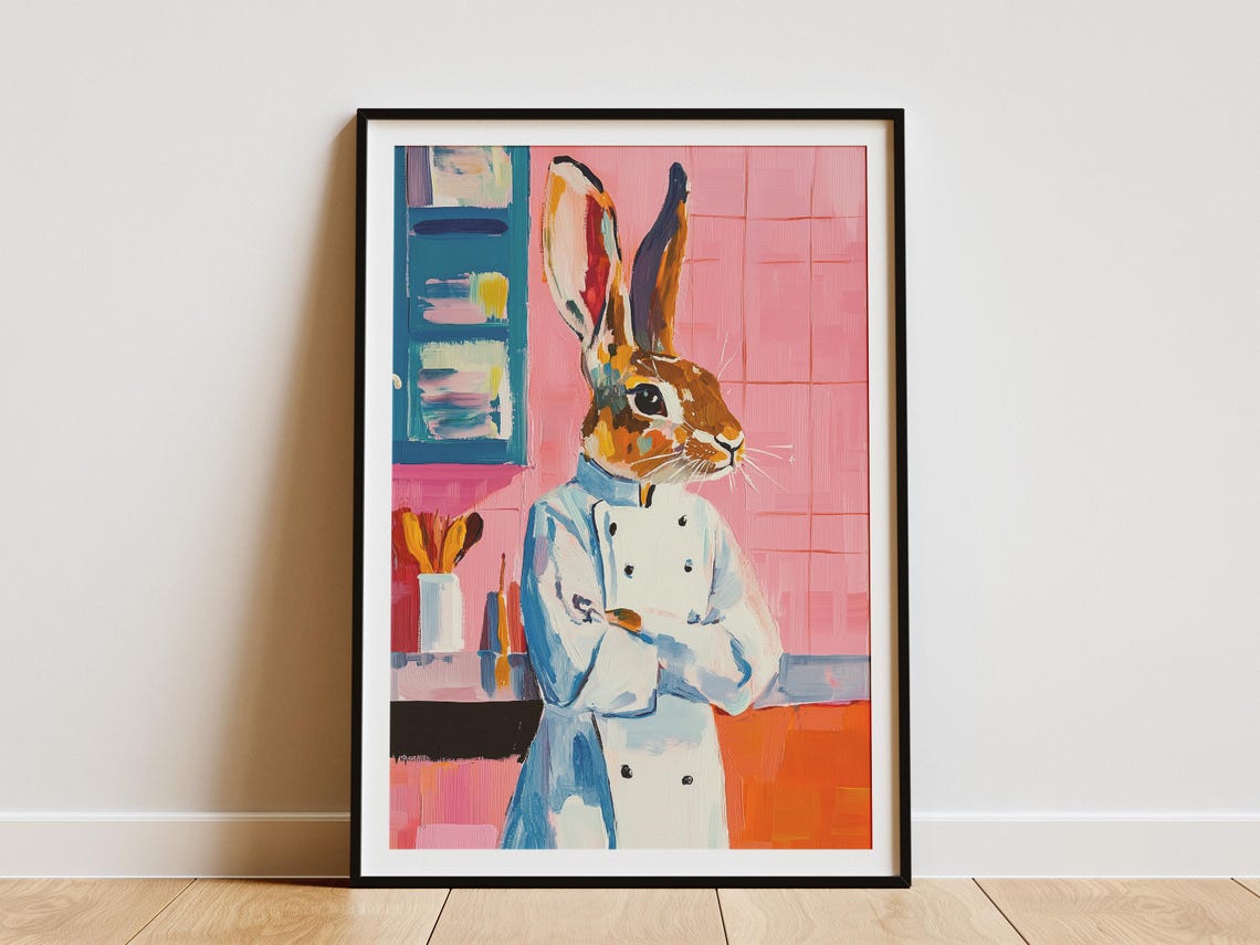Rabbit Chef Art Print Whimsical Kitchen Decor Funny Animal Bunny Poster In Illustration