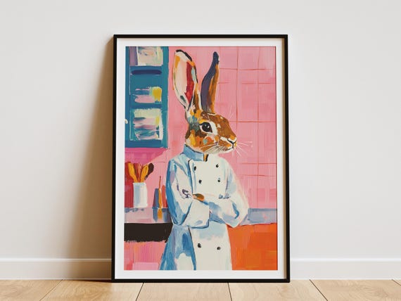 Rabbit Chef Art Print Whimsical Kitchen Decor Funny Animal Bunny Poster In Illustration