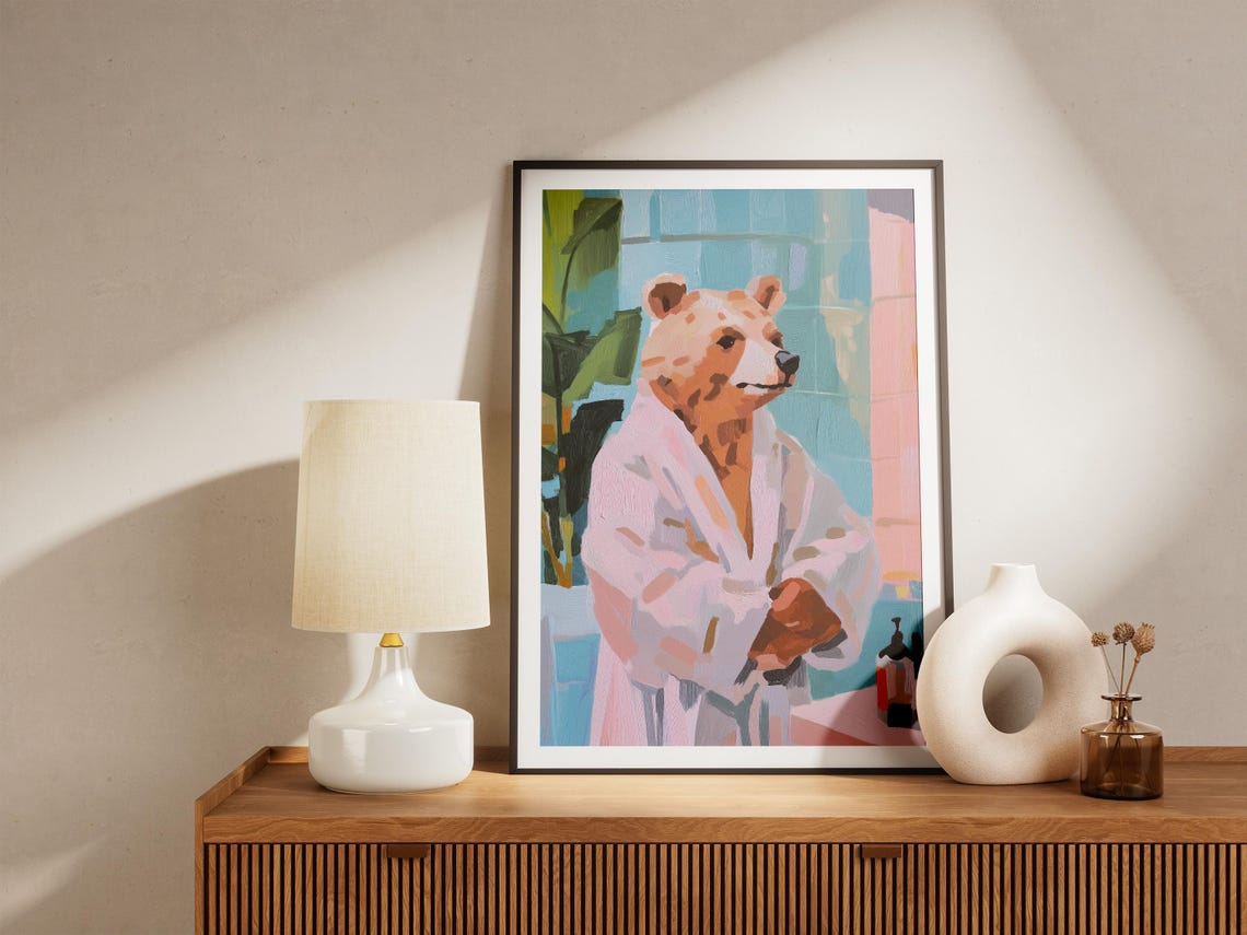 Gentle Brown Bear Wrapped in a Soft Pink Bathrobe Bathroom Poster - Image 5