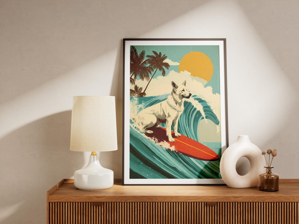 White Dog Surfing Retro Hawaiian Wave Tropical Sunset Art Poster - Image 4