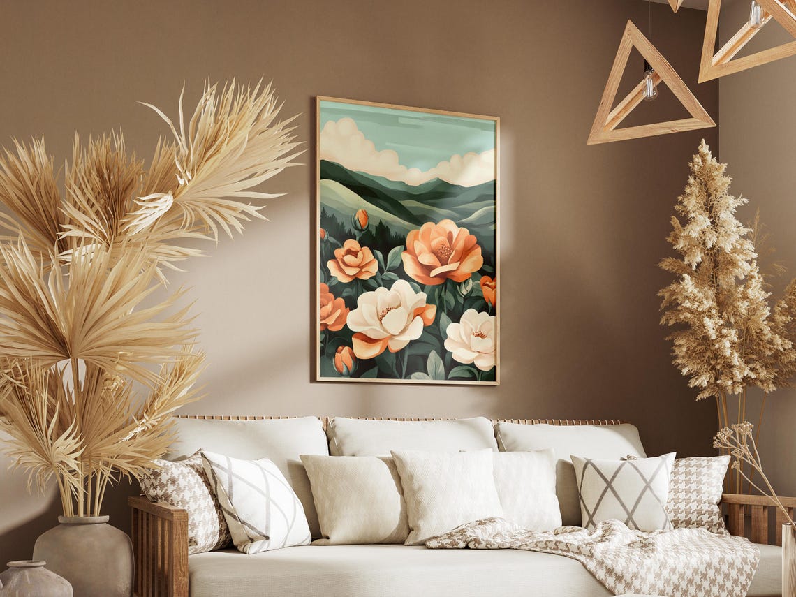 Peach And Cream Roses Blooming Before Rolling Green Mountains Poster - Image 3