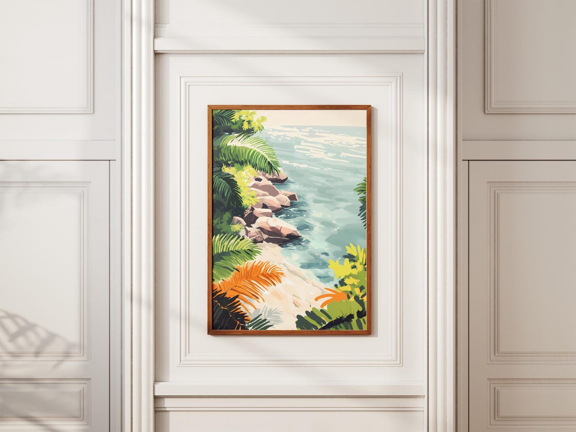 Tropical Rocky Beach with Palm Fronds and Turquoise Sea Art Poster - Image 2