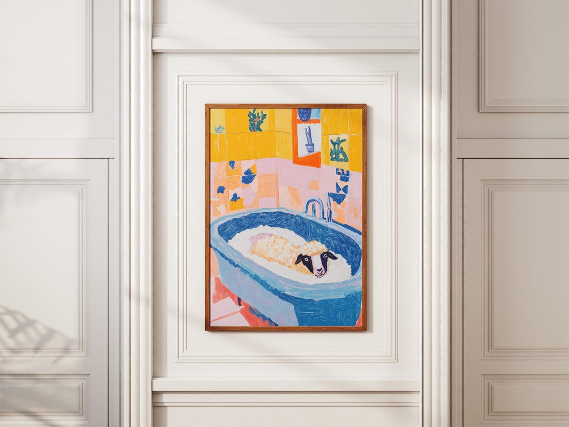 Fluffy Sheep Bubble Bath Blue Tub Colorful Tile Bathroom Poster - Image 2