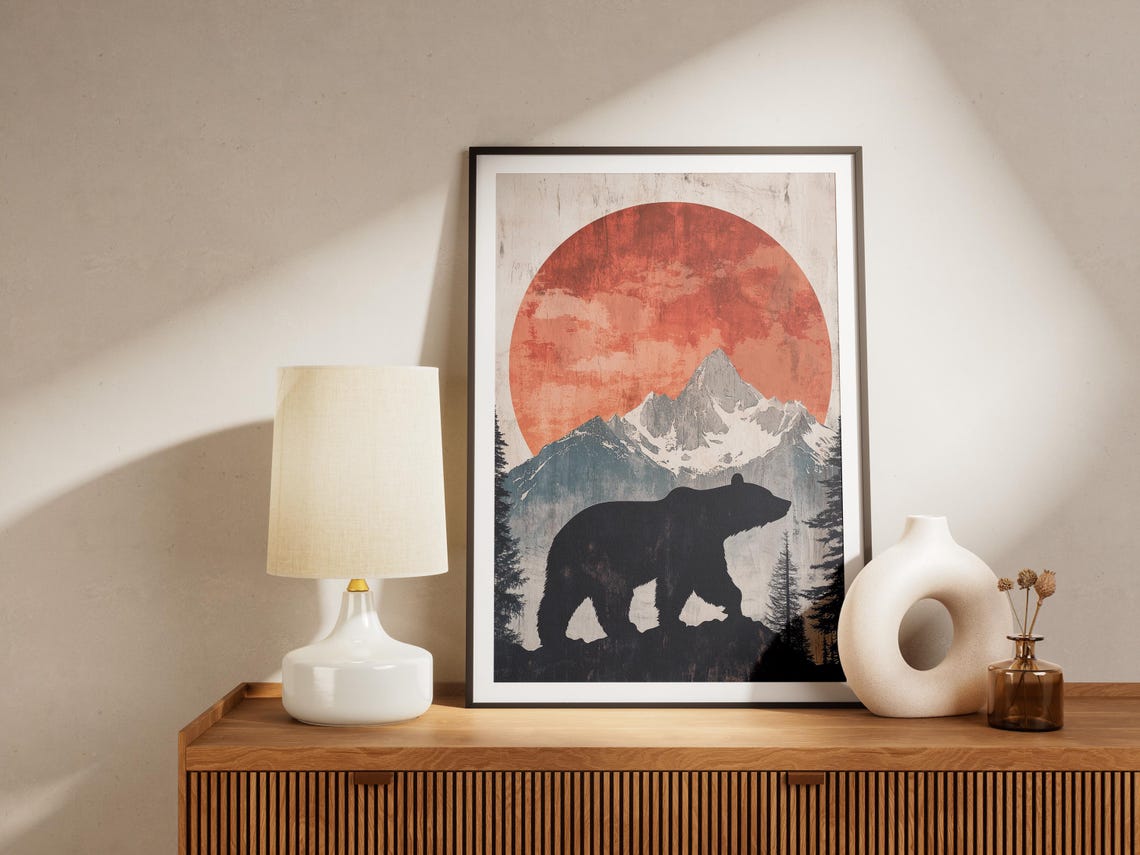 Bear Silhouette Under a Red Sun Snowy Mountain Landscape Poster - Image 4